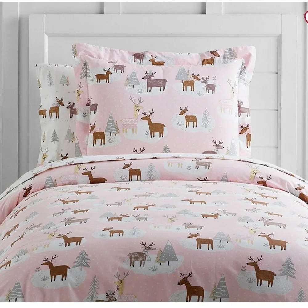 Pottery Barn Kids winter Pink blush Reindeer Duvet Cover and sham organic cotton